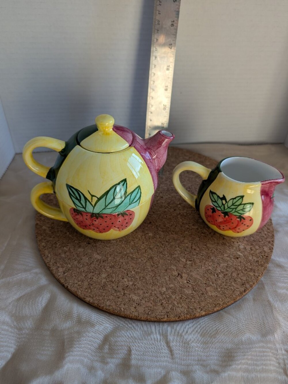 Majolica Teapot, Nesting Cup and Creamer